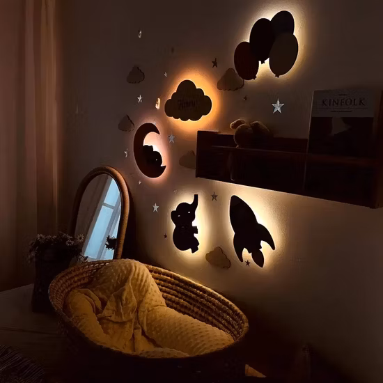 Decoración de pared de madera para guardería, luz, lámpara de pared para habitación de niños, decoración de habitación infantil